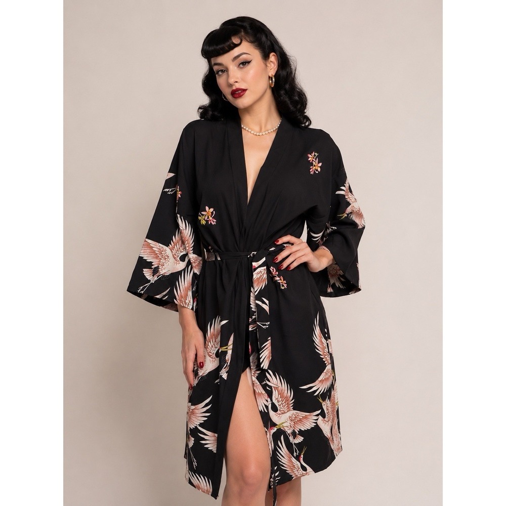 Kimono Black Mid Length One Size Pink Cranes‎ Japanese Cherry Blossoms
